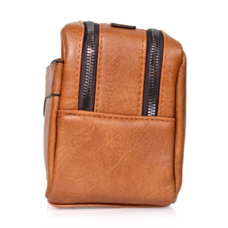 شنطة يد جلد بمقبض معصم مع فتحة داخلية للنقود والبطاقات و الاكسسورات بني فاتح