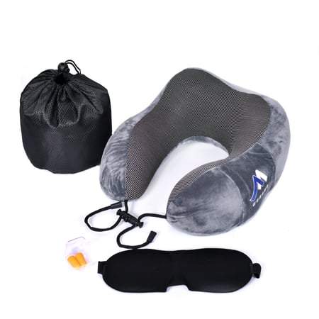 وسادة سفر للرقبة للنوم مصنوعة من الميموري فوم النقي + هدية ماسك نوم رمادي