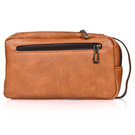 شنطة يد جلد بمقبض معصم مع فتحة داخلية للنقود والبطاقات و الاكسسورات بني فاتح