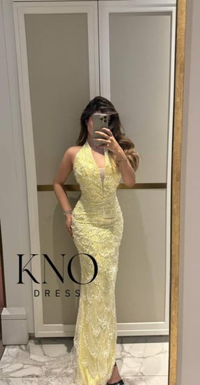 فستان سهرة ليموني لؤلؤ مطرز مبطن تفتة