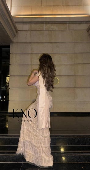 فستان تفته ضيق لون بيج مع شك فاخر مبطن و شال ساتان - لكل المناسبات