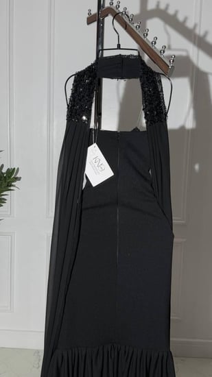 فستان سهره خفيف اسود شيفون شال مع لول و ترتر