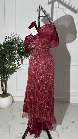 فستان عودي طويل من أورجنزا مزين بسلاسل شك ولمسات ملكية