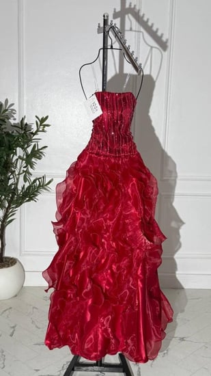 فستان سهرة عودي طويل من الأورجنزا الفاخرة مزين بشك مقلم لامع لإطلالة ملكية