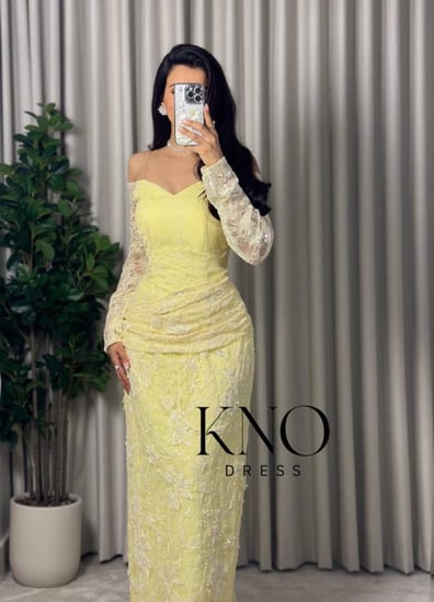فستان سهره ليموني دانتيل فاخر مع ورود بارزة