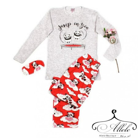 بيجامة نسائية قطن ، 3 قطع ، اللون الرمادي فاتح