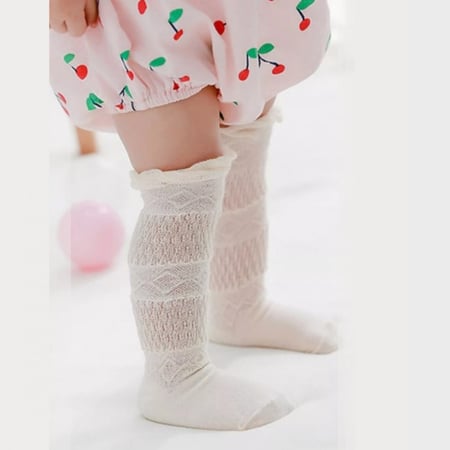 جوارب بناتي طويل للركبة ، نمط هندسي للرضع ، لون أبيض