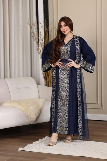 جلابية كويتية لينن قطعتين وبشت من التل المطرز