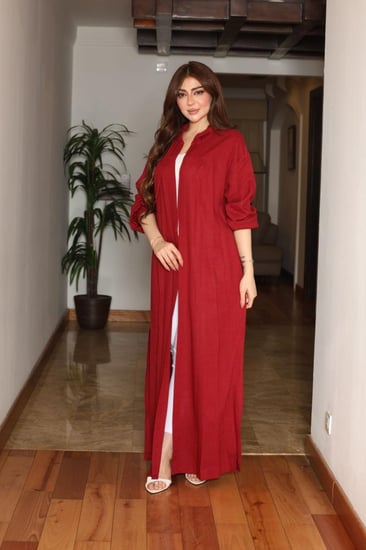 جلابية لينن بقبعة رأس متصلة وزم في الاكمام ( موديل عباية )