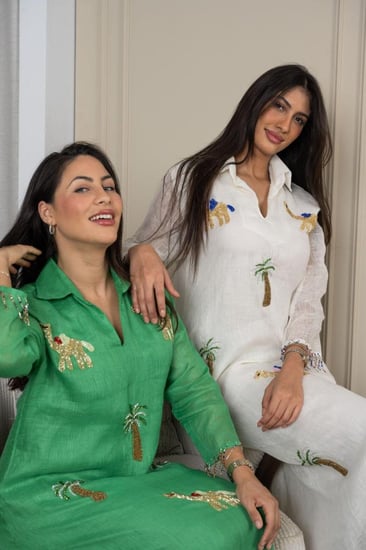 جلابية لينن خيش بتطريز شك نخلة و جمل