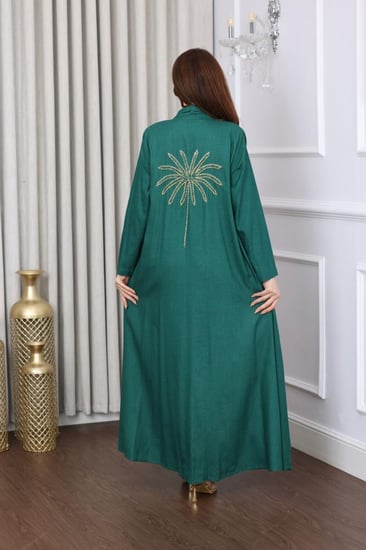 جلابية لينن بتطريز نخلة - تصميم عباية مفتوحة وبطانة