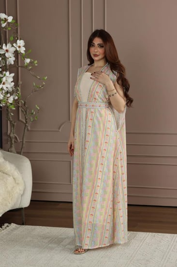 جلابية شيفون منقوش قطعتين وكلفة من اللول