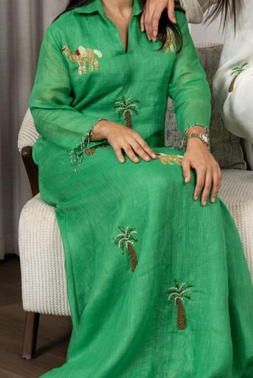 جلابية لينن خيش بتطريز شك نخلة و جمل