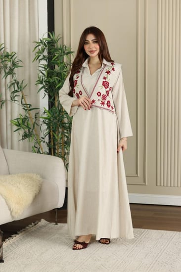 جلابية لينن ( نسائية ) بسديري وتطريز كمبيوتر مورد