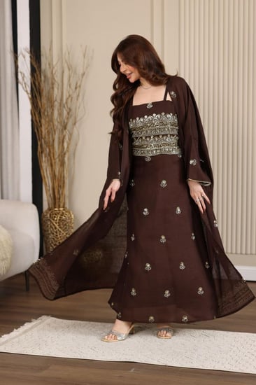 جلابية كويتية لينن قطعتين بتطريز شك يدوي