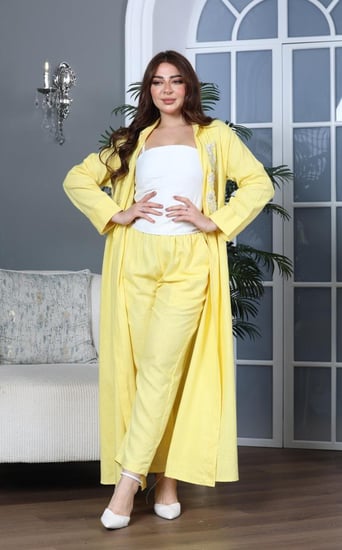 جلابية لينن 3 قطع راقية بتطريز أنيق