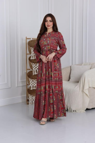 جلابية رايون قطن مشجرة بتطريز خفيف في الصدر