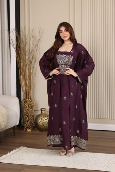 جلابية كويتية لينن قطعتين بتطريز شك يدوي