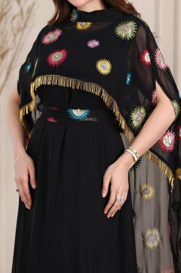 جلابية شيفون قطعتين بهدب وتطريز كمبيوتر