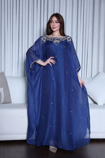 جلابية لينن خيش سهرة مطرزة بالكرستال