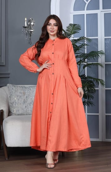 جلابية لينن بأزرار كاملة وزم في الخصر