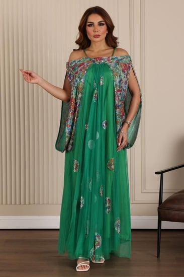 فستان تل بأكمام واسعه من الترتر