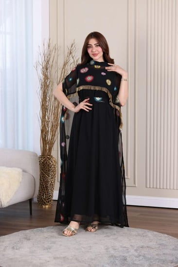 جلابية شيفون قطعتين بهدب وتطريز كمبيوتر