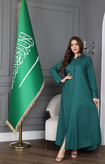 جلابية لينن بصورة في الظهر - تصميم عباية بأزرار كاملة