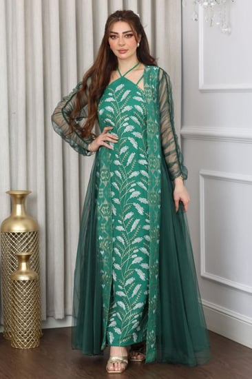 جلابية قطعتين مطرزة وأكمام زم