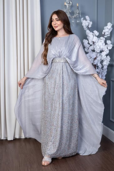 جلابية بخامة الاورجنزا راقية بلون رمادي ولمعة زاهية