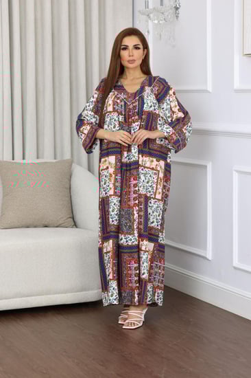 جلابية روز قطن خفيف صيفية طويلة ( رقبة سبعة )