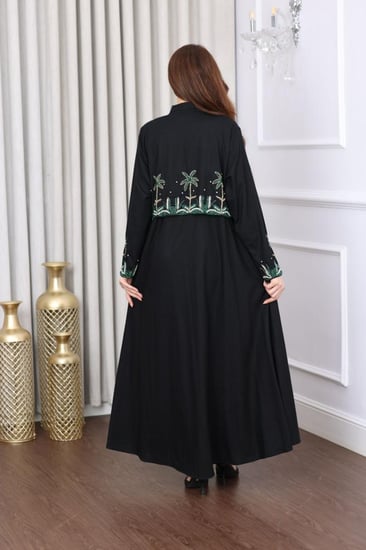 جلابية لينن مفتوحة بتطريز نخل انيق - موديل عباية