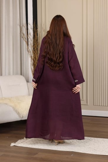 جلابية كويتية لينن بتطريز شك يدوي في الاسفل