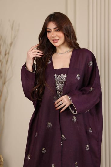 جلابية كويتية لينن قطعتين بتطريز شك يدوي