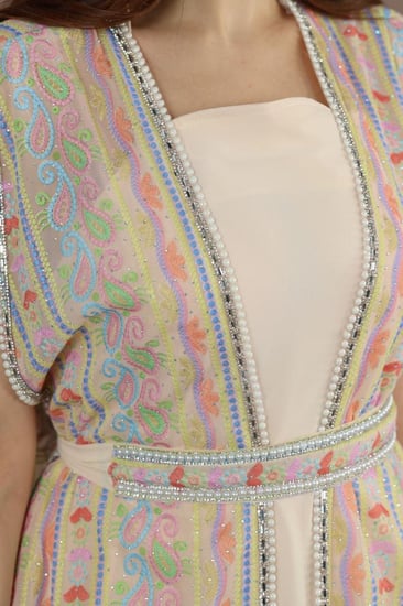 جلابية شيفون منقوش قطعتين وكلفة من اللول