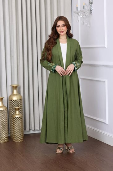 جلابية لينن مفتوحة بتطريز نخل انيق - موديل عباية