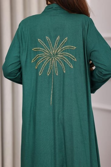 جلابية لينن بتطريز نخلة - تصميم عباية مفتوحة وبطانة