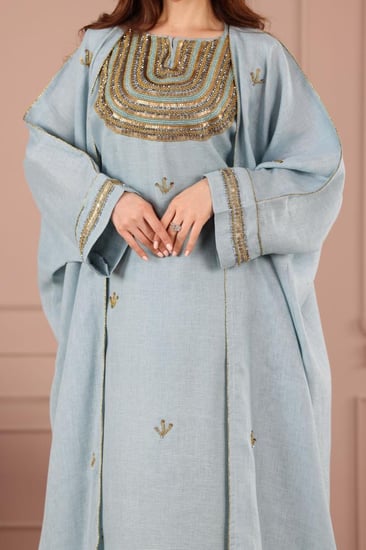 جلابية لينن قطعتين بتطريز شك أنيق