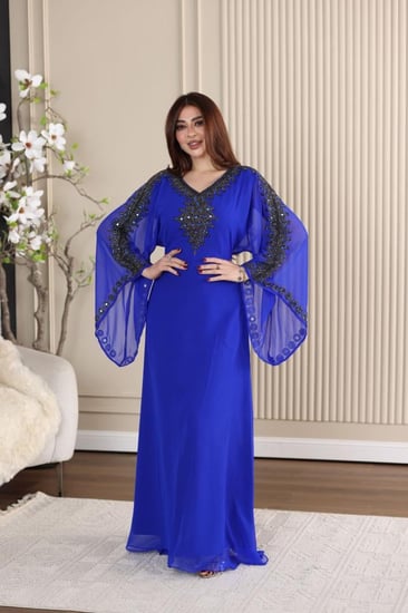 جلابية شيفون بتطريز شك يدوي فاخر واكمام فرنسية