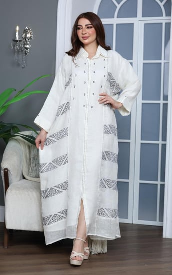 جلابية لينن بنقوشات حجازية رائعة