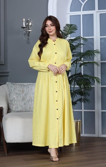 جلابية لينن بأزرار كاملة وزم في الخصر