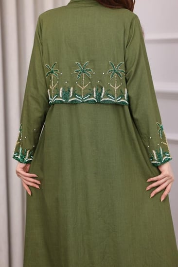 جلابية لينن مفتوحة بتطريز نخل انيق - موديل عباية