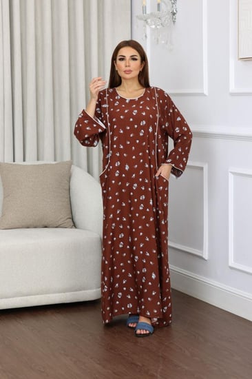 جلابية روز قطن خفيف صيفية طويلة ( رقبة دائرية بجيوب )