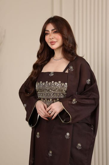 جلابية كويتية لينن قطعتين بتطريز شك يدوي