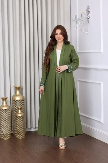 جلابية لينن مفتوحة بتطريز نخل انيق - موديل عباية