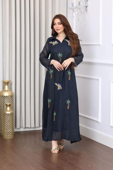 جلابية لينن خيش بتطريز شك نخلة و جمل