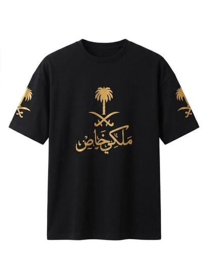 تيشيرت أوفر سايز رجالي أسود سيفين ونخلة ذهبي - تصميم ملكي خاص