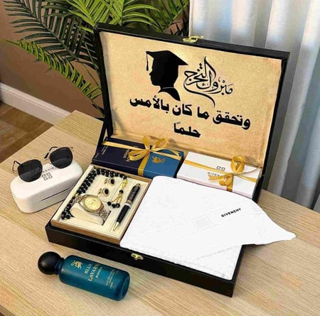 بوكس هدايا تخرج رجالي فاخر - طقم جيفنشي مع عطر بلو لافرين وساعة رولكس استيل