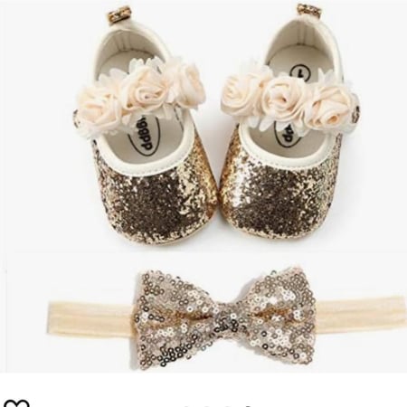 حذاء مواليد لامع لون ذهبي مع ربطه للشعر