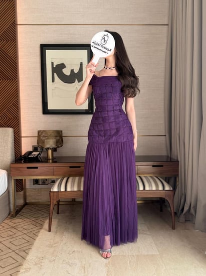 فستان سهرة بتطريز مربعات وقصة كلوش -باللون البنفسجي الغامق